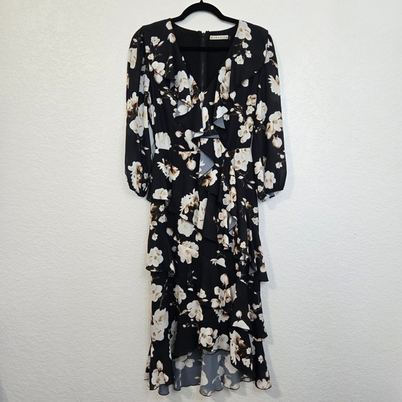 Alice + Olivia Dresses & Skirts - Alice + Olivia 6 Kye Floral Ruffle Midi Dress Black White Flowers Party Cocktail